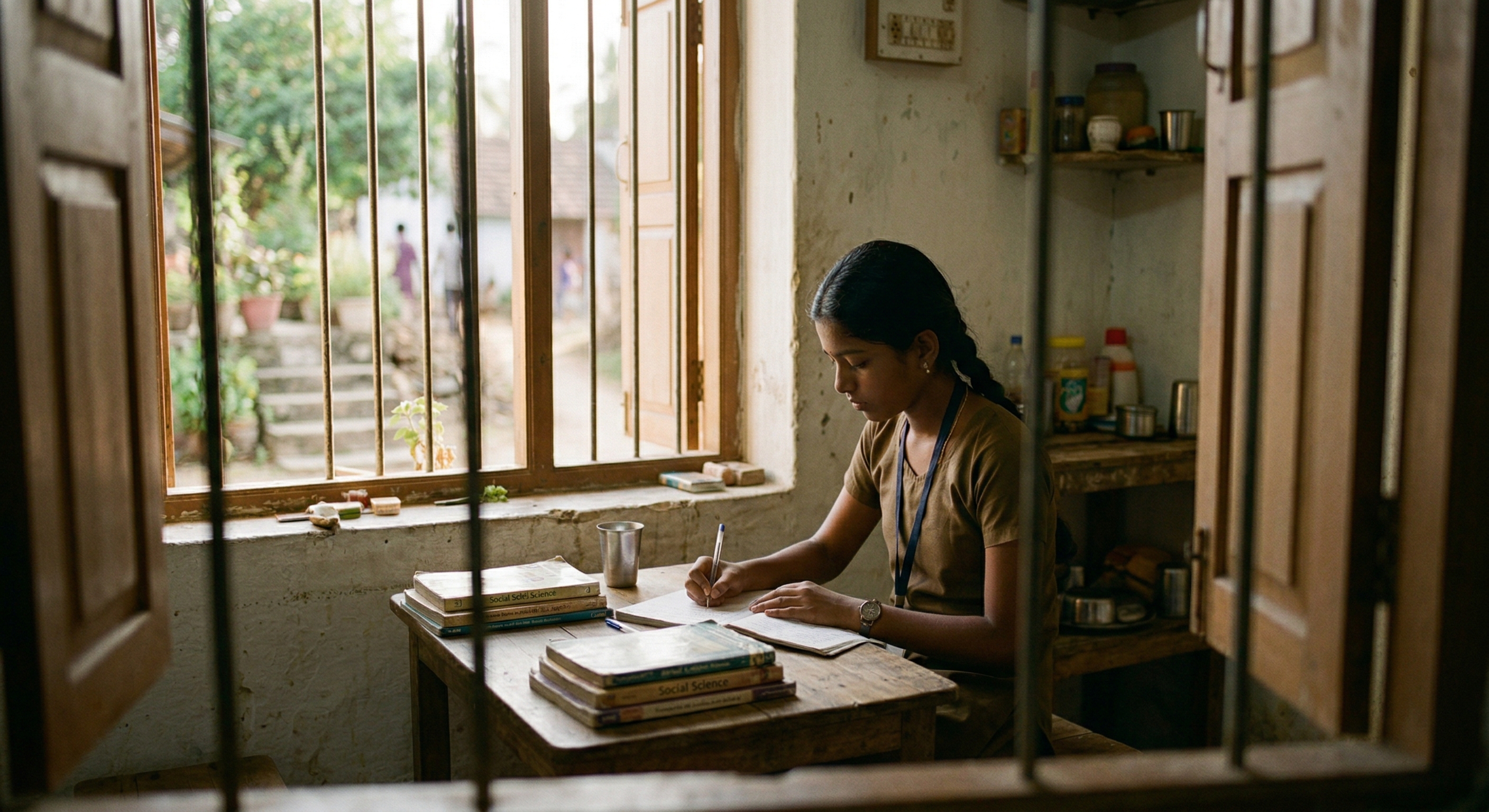 A young student studying by a window